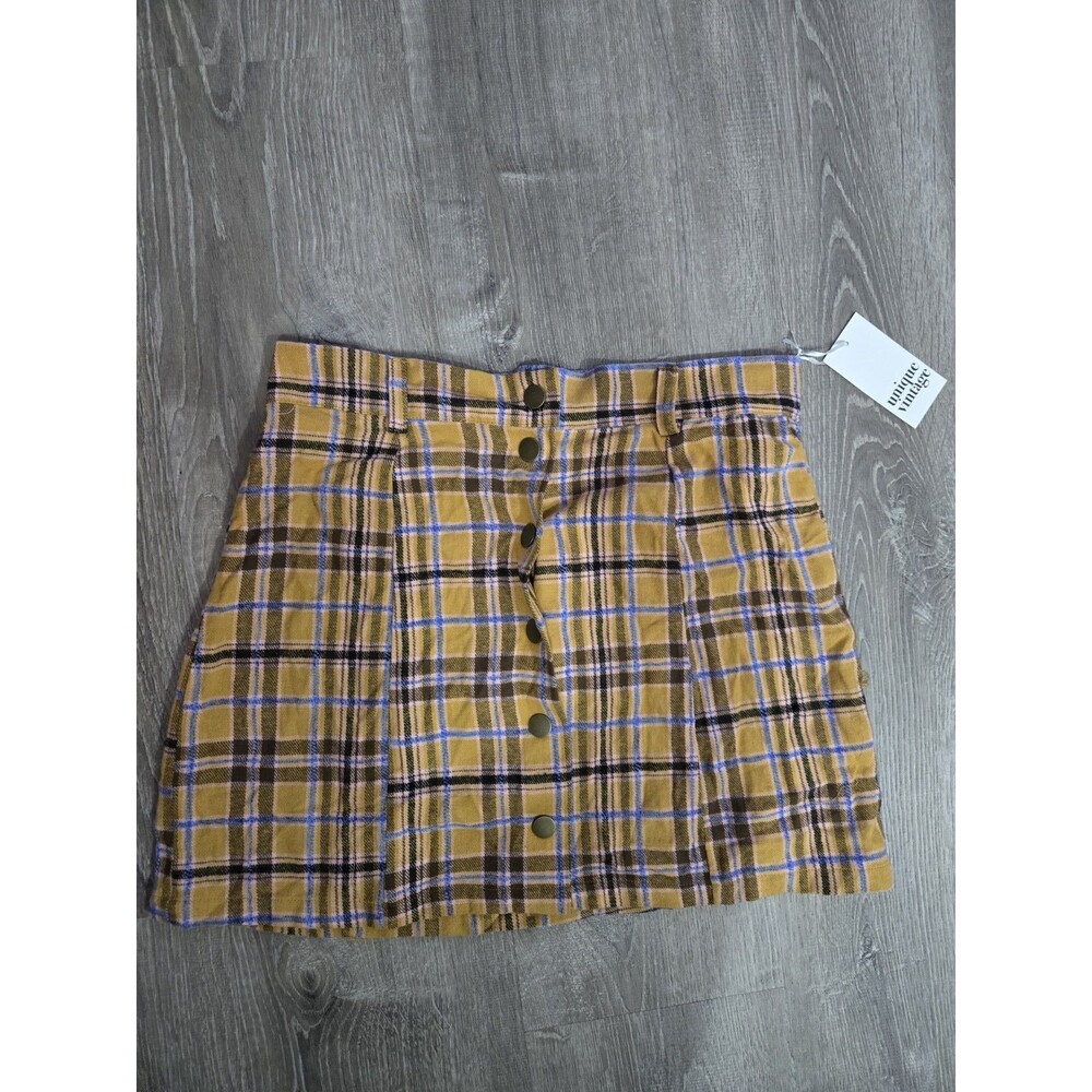 Unique Vintage Mini Skirt Womens XL Mustard Black Plaid Pleated New